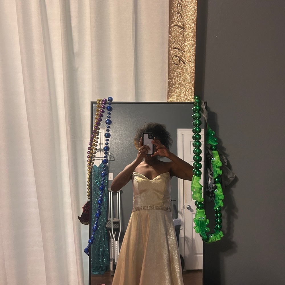 Cachet Gold Strapless Prom Dress